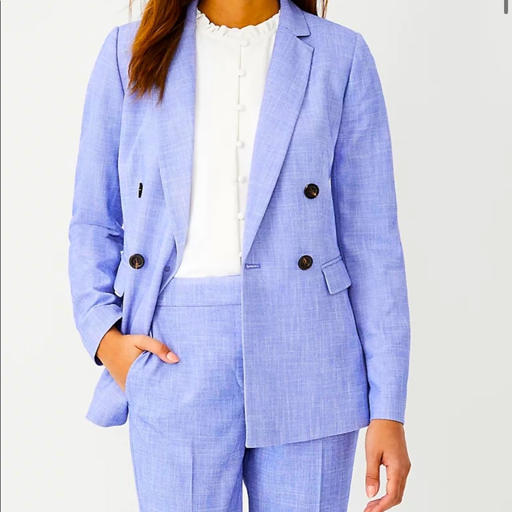 Relaxed double breasted long blazer in cross weave